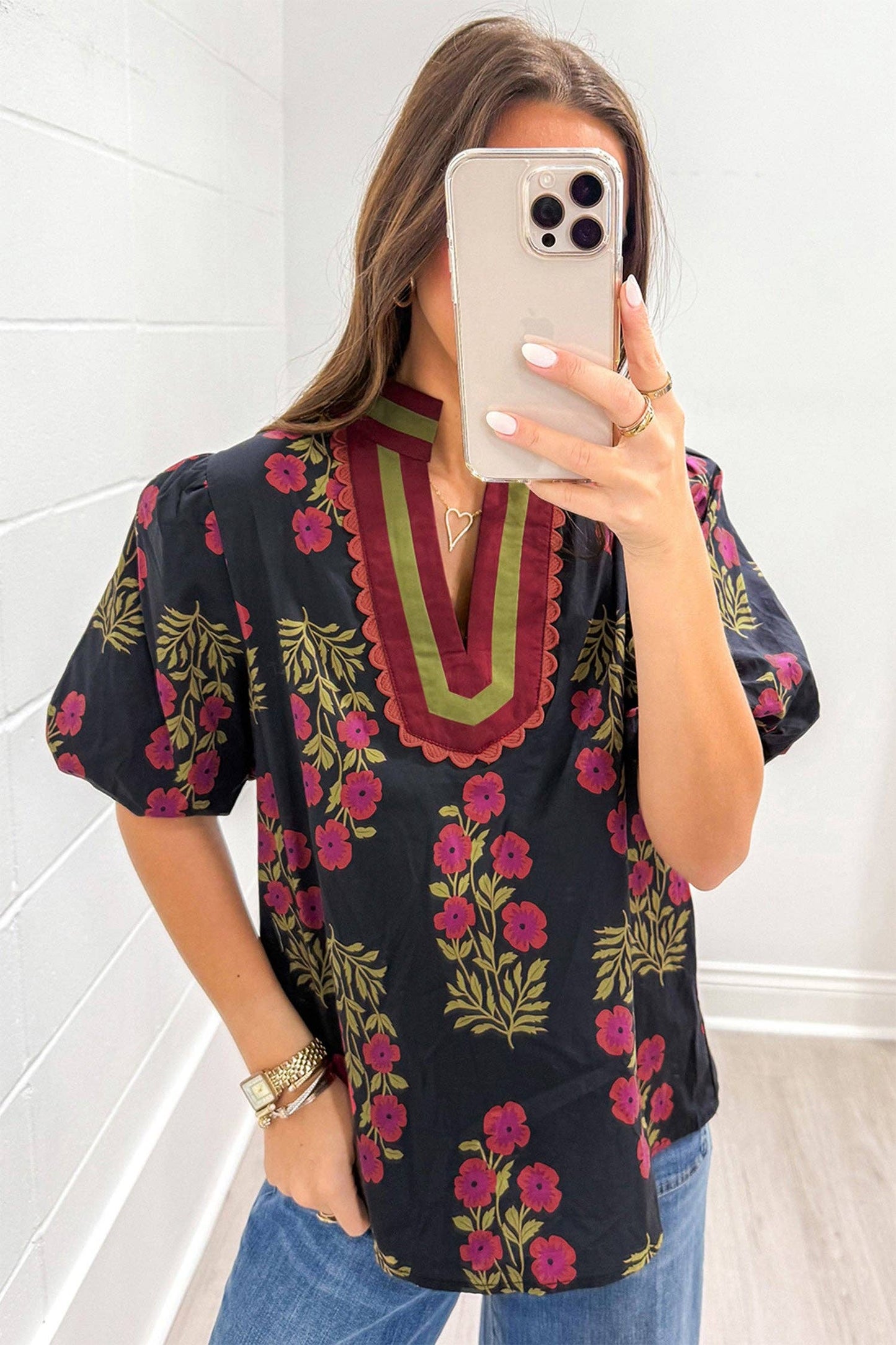 Black Floral Short Bubble Sleeve Contrast Blouse