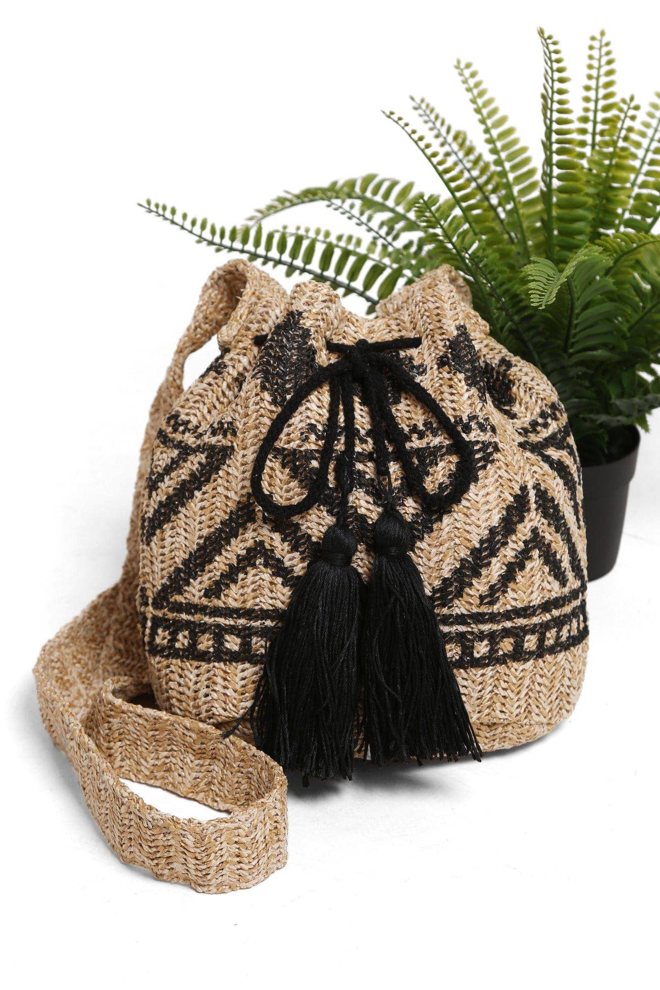 Ariel Tribal Straw Crossbody Bucket Bag