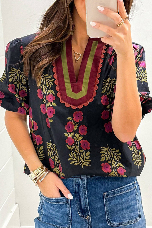 Black Floral Short Bubble Sleeve Contrast Blouse