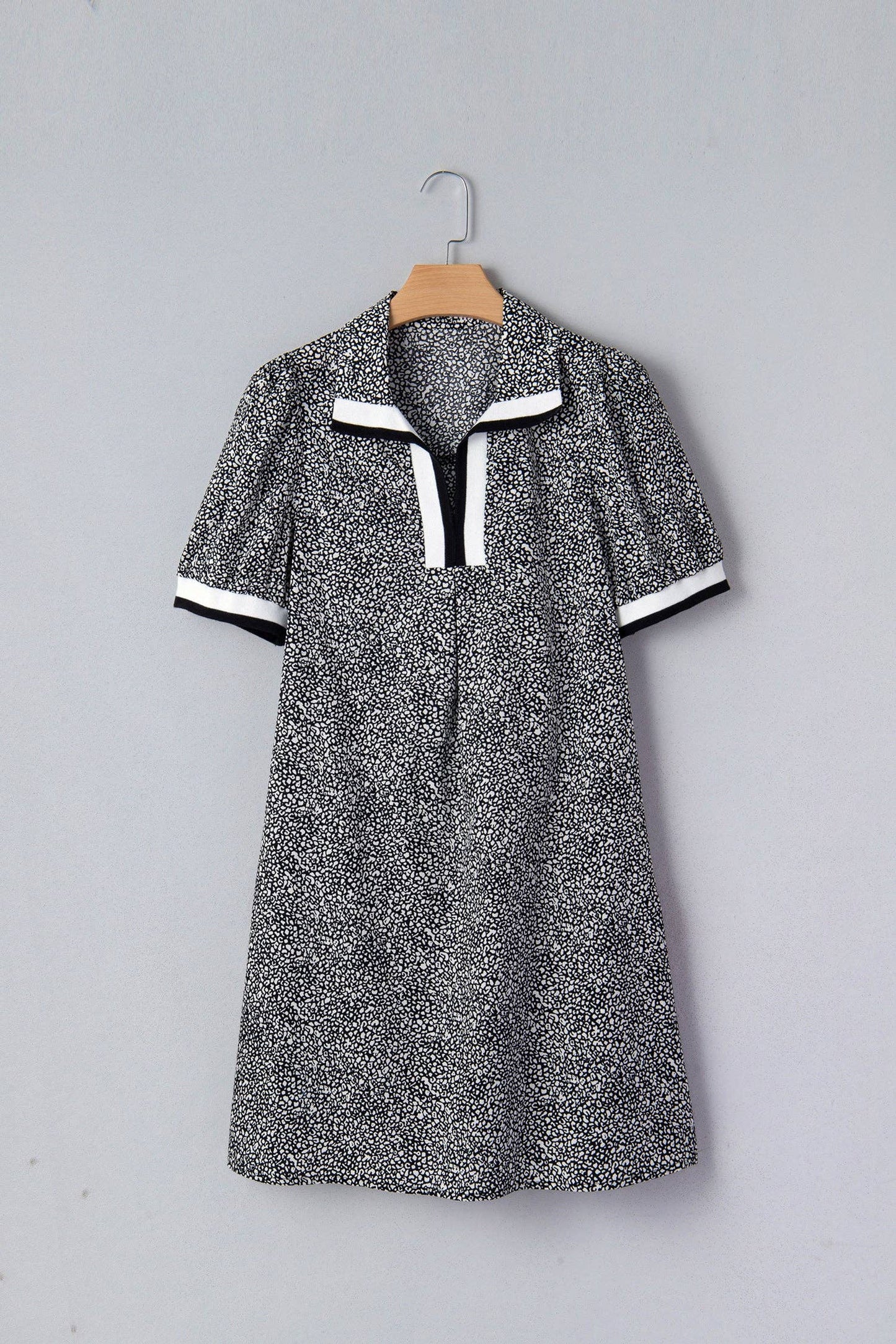 Leopard Print Striped Trim Polo Collar Dress w/ Pockets