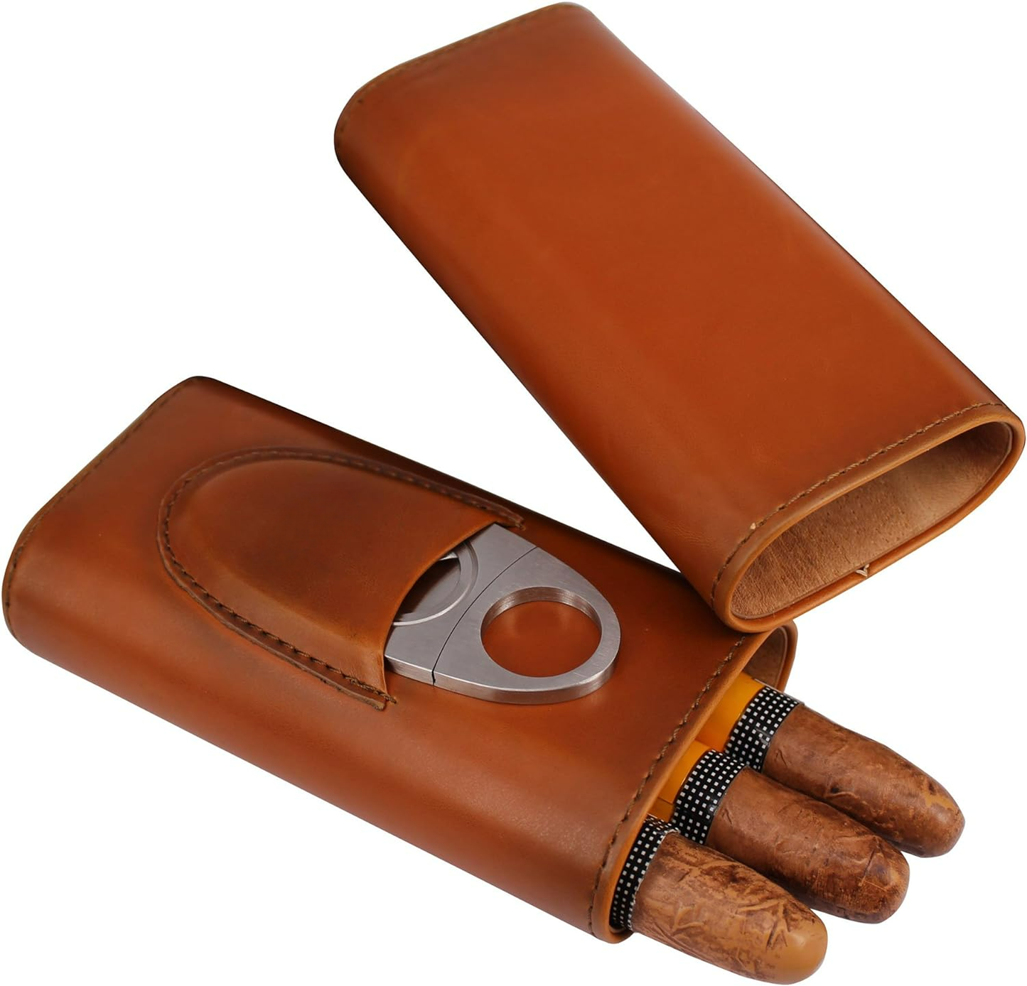 Genuine Leather Cigar Case - Wood Lined Humidor with Cutter